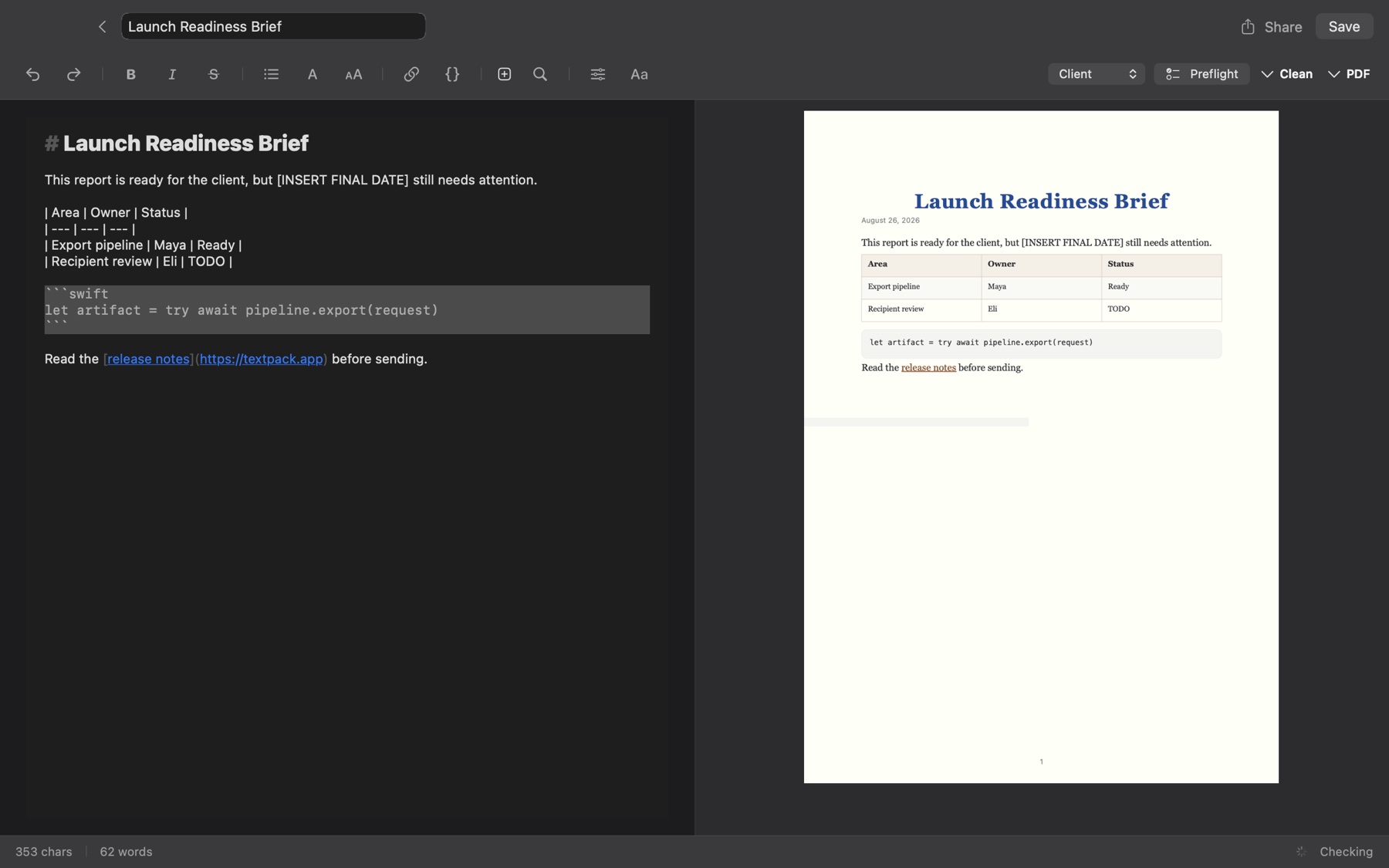 A document tool we built, showing a Markdown source beside its typeset PDF output